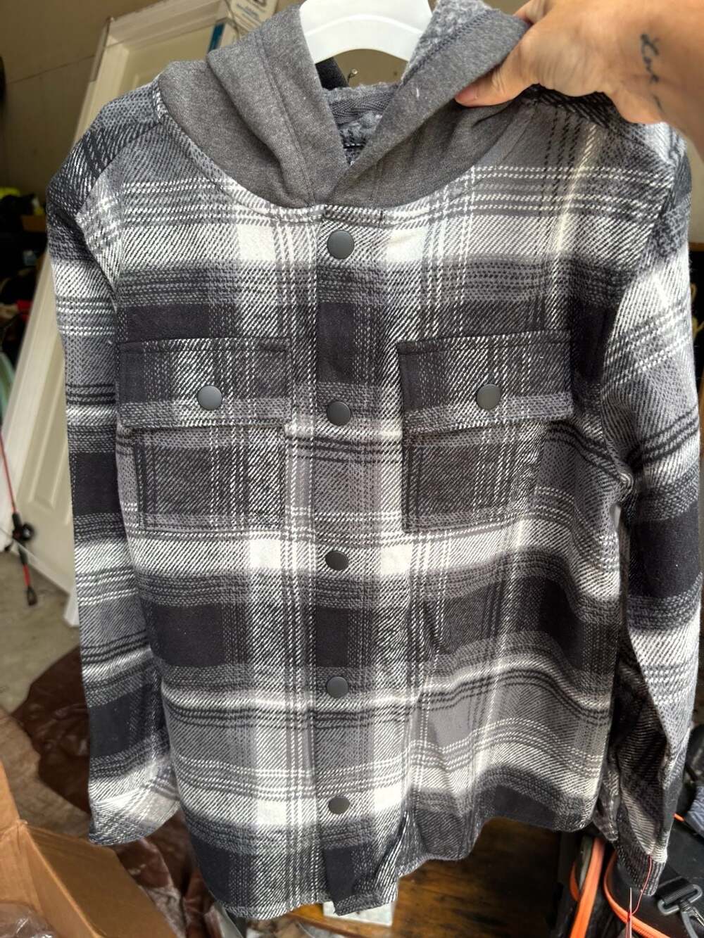 Cat & Jack Hooded Shirt Jacket Size S 6/7 Charcoal White Plaid